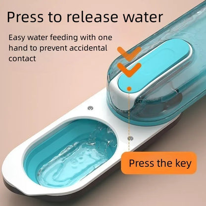 Portable blue dog water bottle with a foldable silicone drinking bowl extended, for outdoor use.