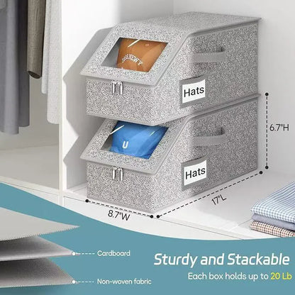 Grey foldable fabric storage box with lid for organising shoes and caps.