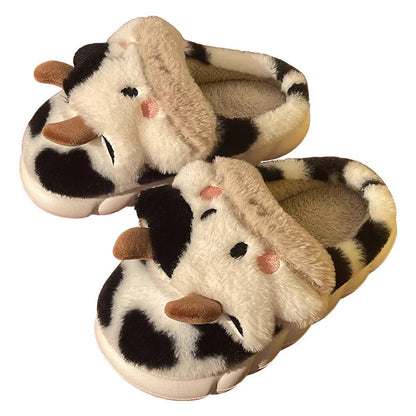 White cow animal slippers with plush faux fur and non-slip PVC soles for women