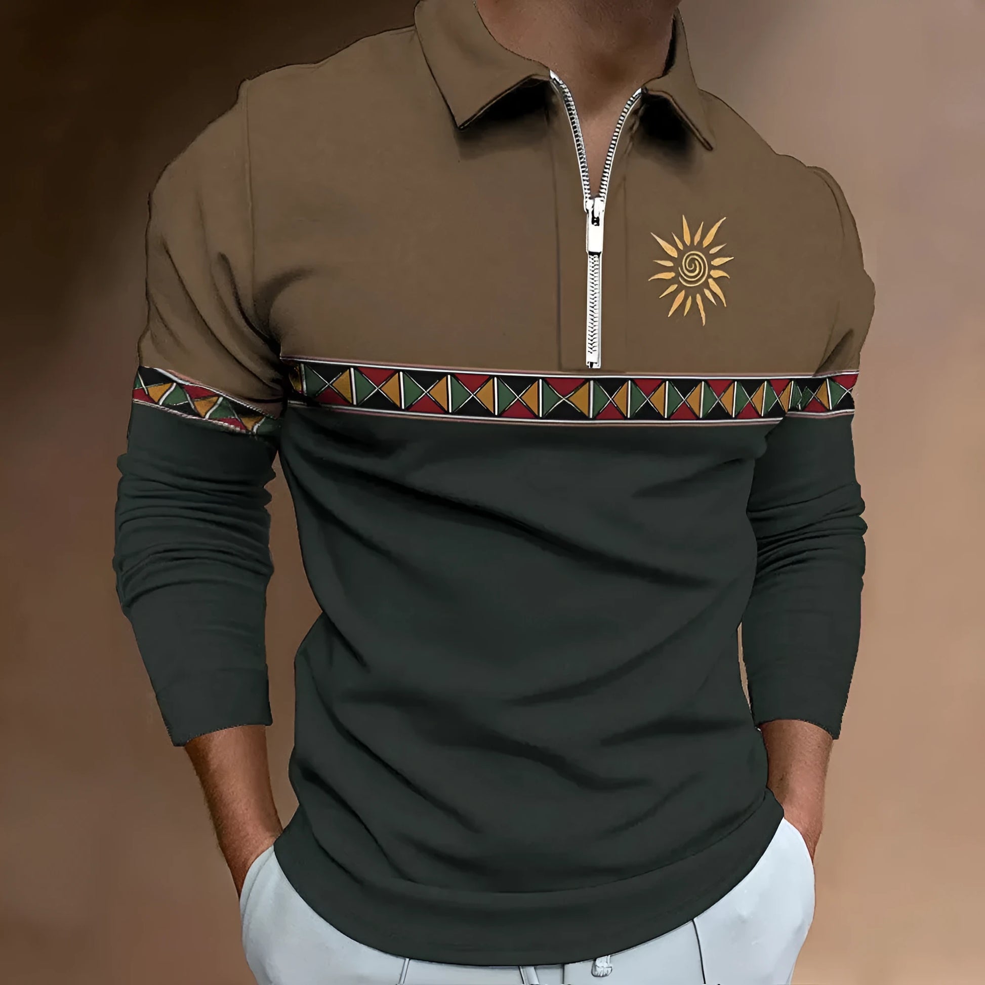 Men's retro striped long sleeve golf polo shirt with zipper decoration detail in bird eye cloth polyester