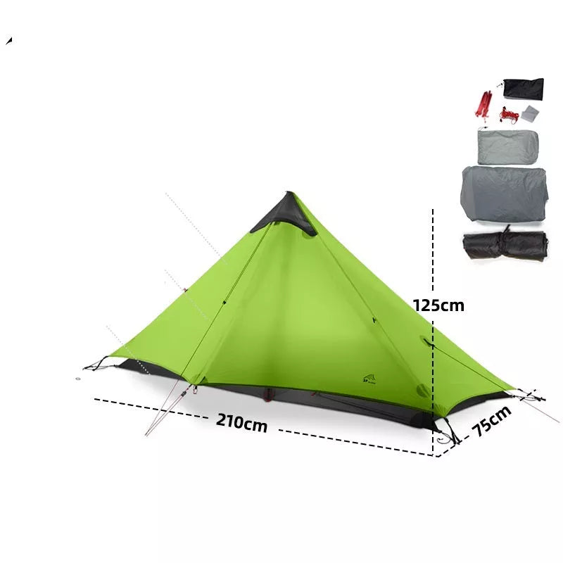 Silicon-coated poleless tent in camouflage green, featuring rainproof design and lightweight aluminum poles