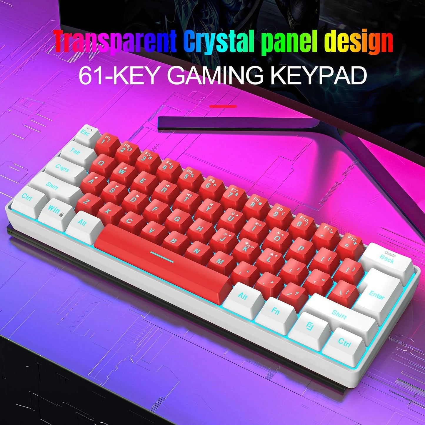 61-key wired membrane keyboard in white and black colour scheme with compact design