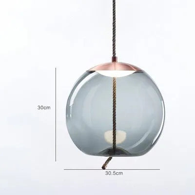 Glass chandelier with twine design, 30cm by 30.5cm, LED warm light, 220V, in amber, water blue, or smoke grey.