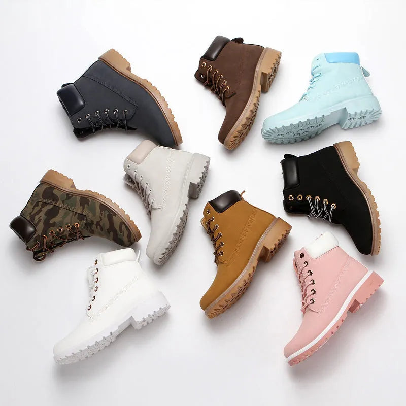 Martin boots for men and women with round toe, velvet lining and flat low heel in multiple colour options including pink, grey and camouflage - available in sizes 36 to 46 for versatile styling and front lace-up closure