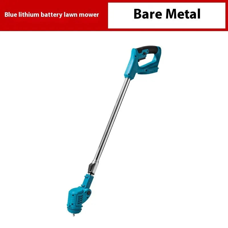 Portable household weeding machine in bare metal finish with long handle.