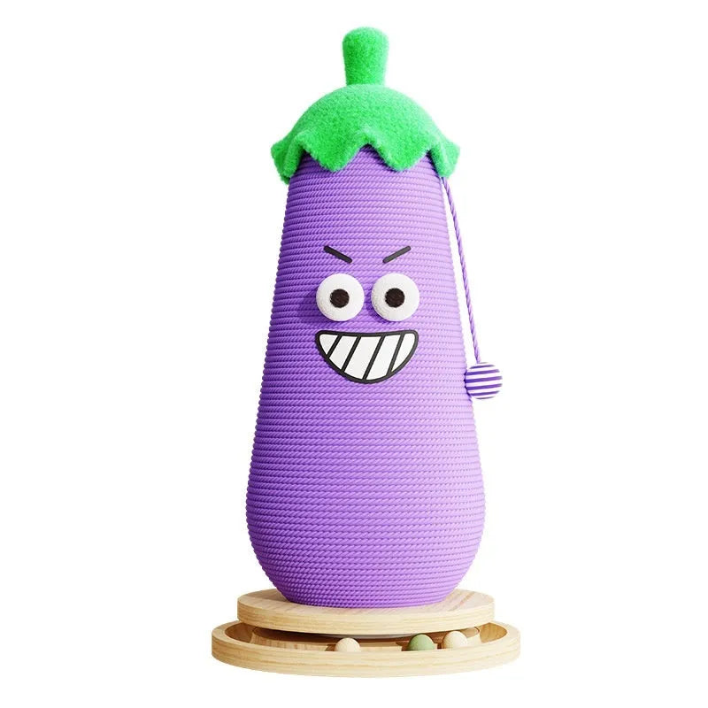 Wooden cat scratch board toy with blue and purple hip hop eggplant print cloth bag wrapper