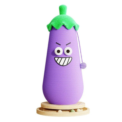 Wooden cat scratch board toy with blue and purple hip hop eggplant print cloth bag wrapper