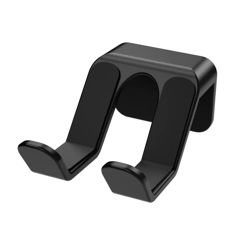 Black ABS plastic universal wall hanging rack for game controllers with adhesive pad and screws.