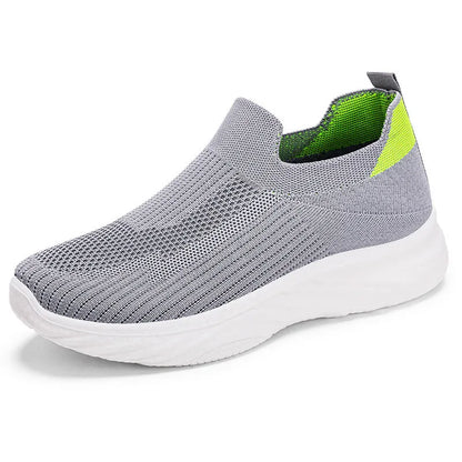 Women's Flyknit casual running shoes with soft PVC sole in black, grey, pink, and blue colour options.