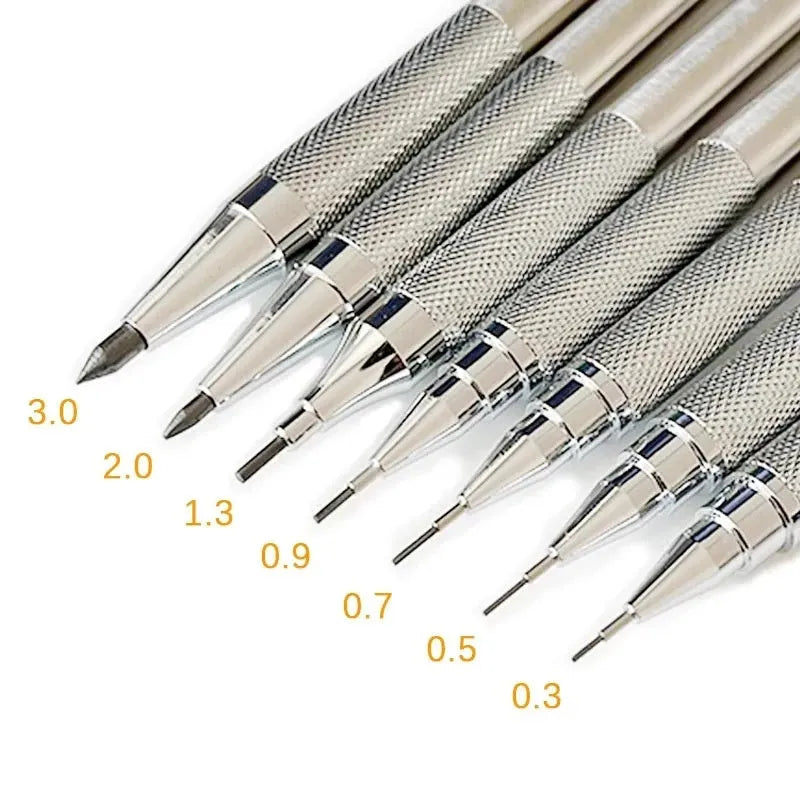 Metal automatic mechanical pencil showing multiple lead diameter options including 0.5 mm, 0.7 mm, 0.9 mm, 1.3 mm, and 2.0 mm