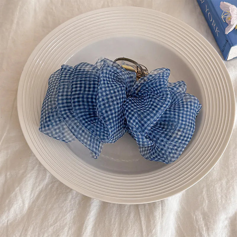 Tibetan blue grid seersucker shark hair clip with matching barrette and hair ring accessories