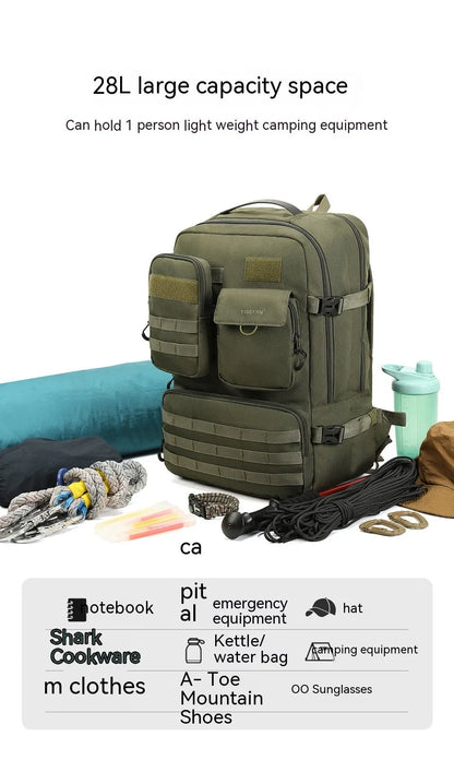 Army green tactical backpack with 17-inch frame and multiple compartments for outdoor use.