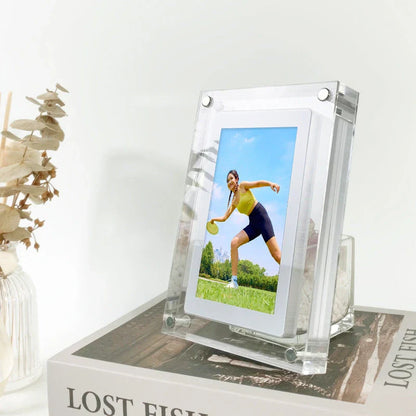 Stylish digital photo frame with high-resolution display, supports photo, video, and music playback