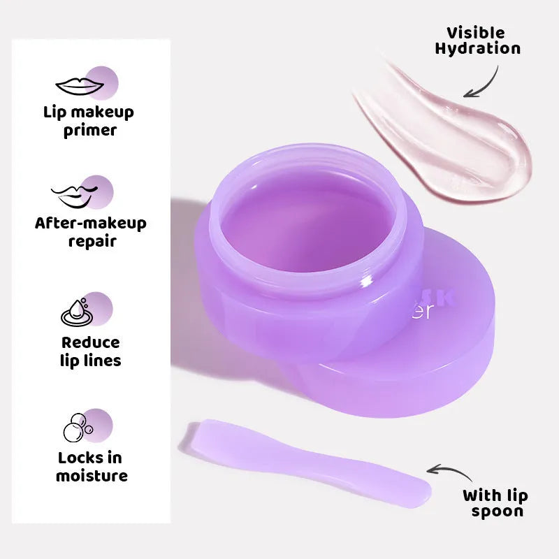 Exfoliating lip balm treatment box showing 10ml lip film and a metal lip scraper tool