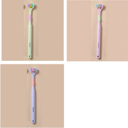 A soft bristle toothbrush with a unique triple-sided brush head for deep cleaning and customizable bristle firmness.