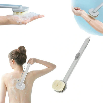 Dual-purpose shower brush with ergonomic handle and detachable head in yellow, grey, green, and pink