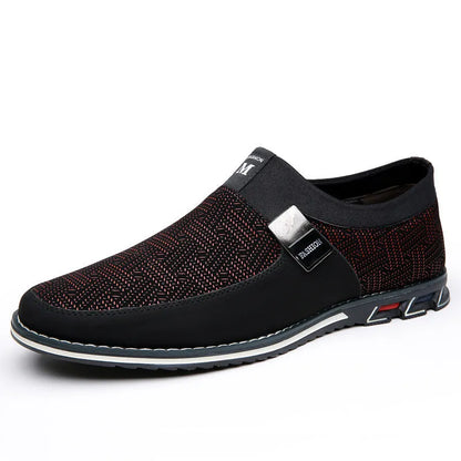 Men's grey and white synthetic leather slip-on casual shoes with a square toe and flat rubber sole.