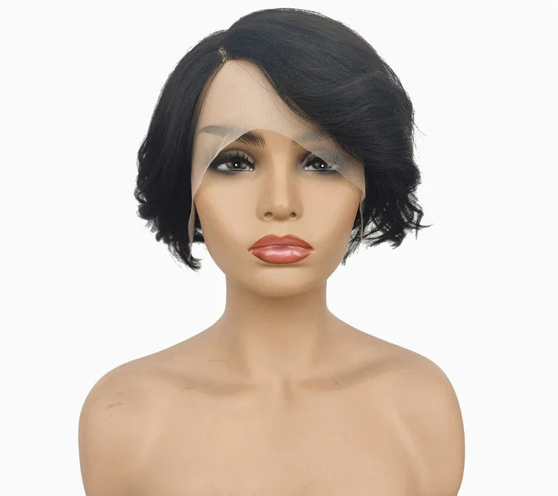 Short real human hair lace wig with oblique bangs and natural hairline appearance