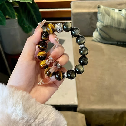 Women's Tigereye silver stone double bracelet with gold inlay and symbolic patterns