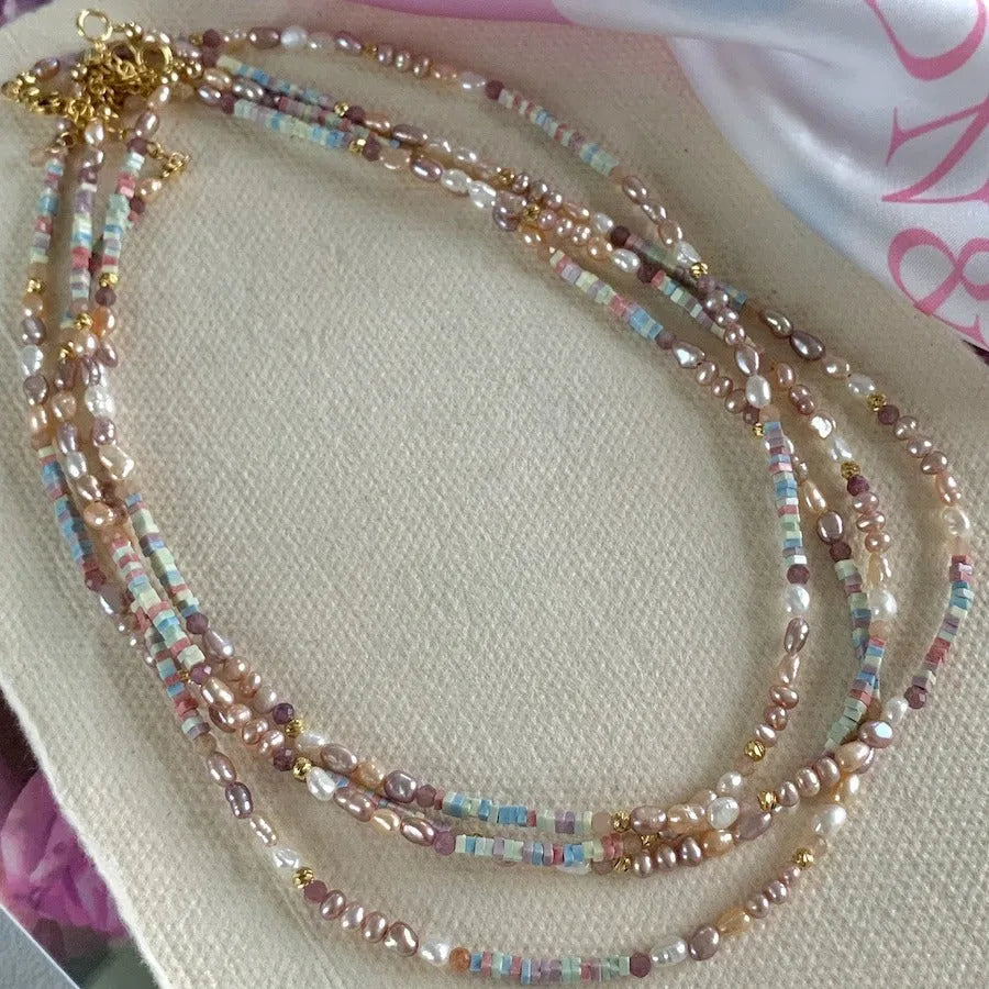 14K gold-plated purple natural pearl bracelet and necklace set with irregular mini pearls and U-shaped design