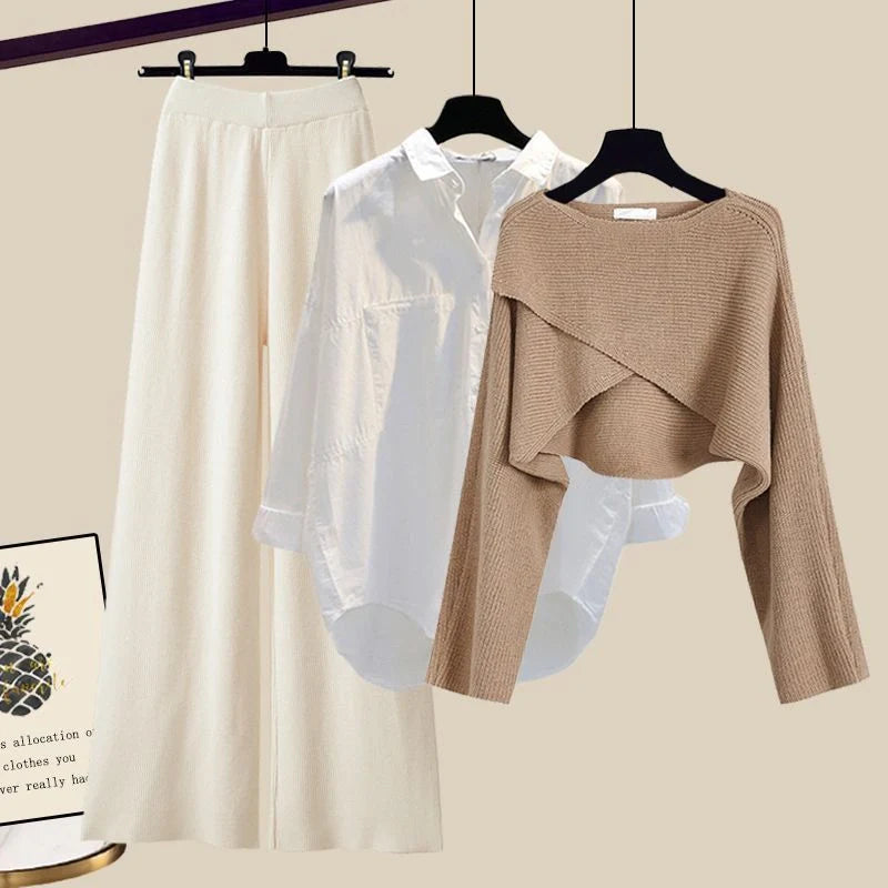 Women's 3-piece knitted sweater suit with shirt and wide-leg pants in grey and white