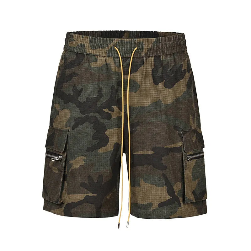 Men's camouflage coloured cargo shorts with multiple pockets and cropped leg length