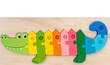 A charming wooden puzzle featuring a variety of cartoon animal designs, including a steamship, aircraft, dinosaur, and more.