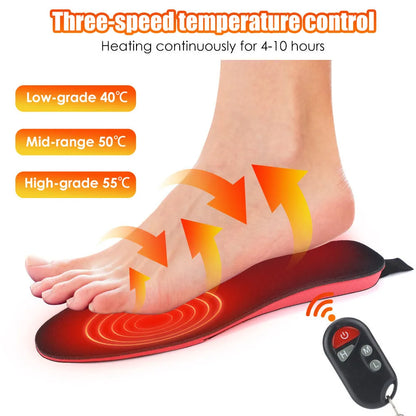 Rechargeable heated boot insoles with remote control and cable, shown on a white background.