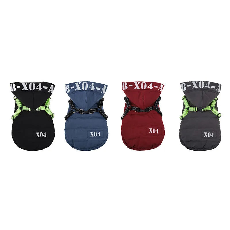 Red fleece-lined waterproof dog winter jacket with hood on a small dog
