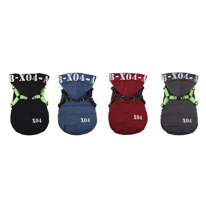 Red fleece-lined waterproof dog winter jacket with hood on a small dog