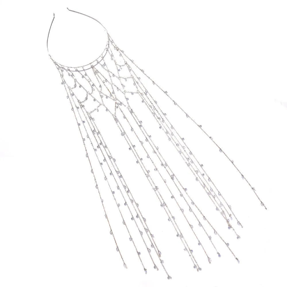 Gold mesh tassel headband with central rhinestone cluster for formal hairstyles