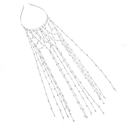 Gold mesh tassel headband with central rhinestone cluster for formal hairstyles
