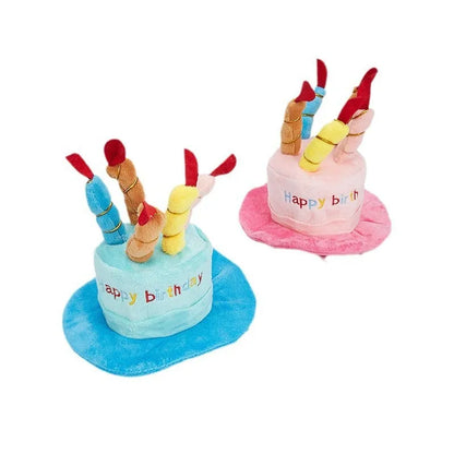 Blue and pink dog birthday hats for toy dogs measuring 21cm wide by 15cm tall