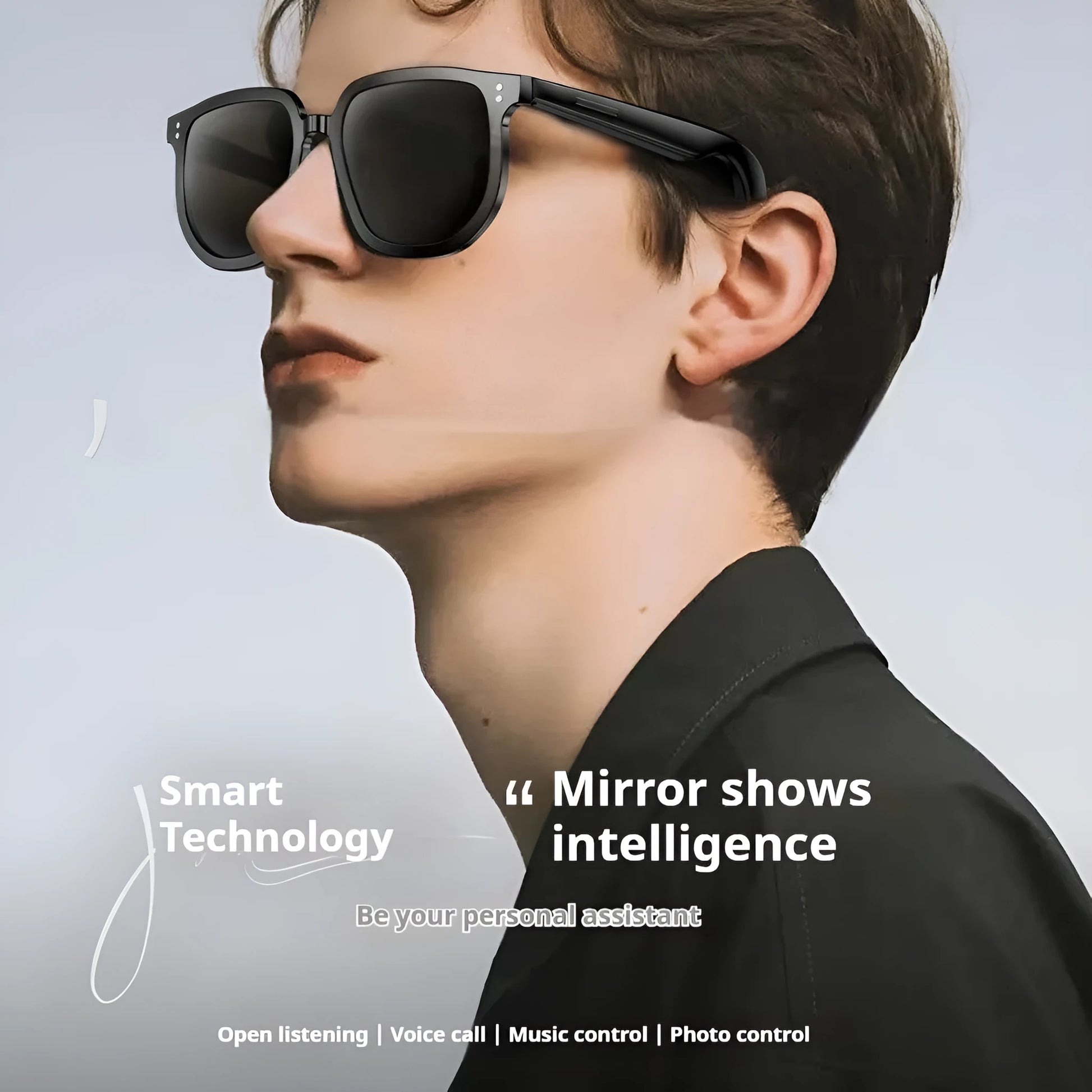 Black AI smart glasses with Bluetooth audio, touch controls on temple, and UV-protective lenses.