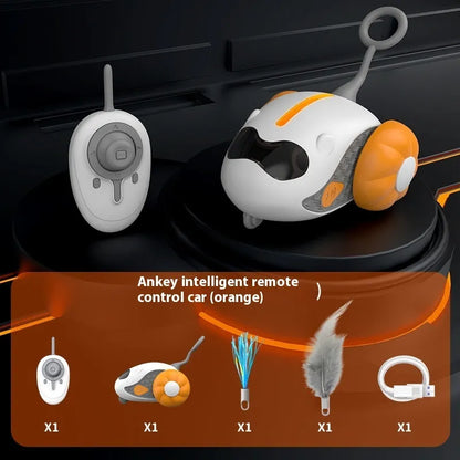 Remote control car cat toy with feather attachment in blue or orange colour