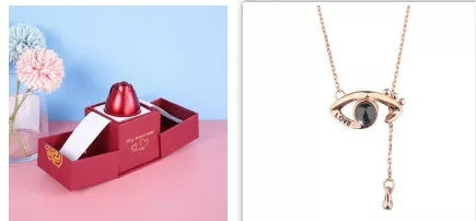 Valentine's Day Metal Rose Jewelry Gift Box Necklace with adjustable crystal necklace and maroon gift box