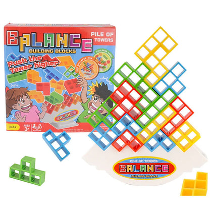 Plastic balance stacking game with 16 colourful blocks, chassis, and base for kids and adults