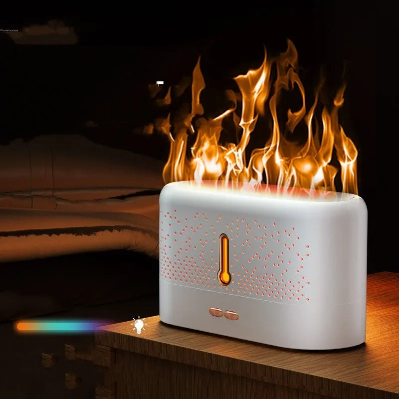 White ultrasonic aromatherapy diffuser with USB cable and essential oil bottle on packaging