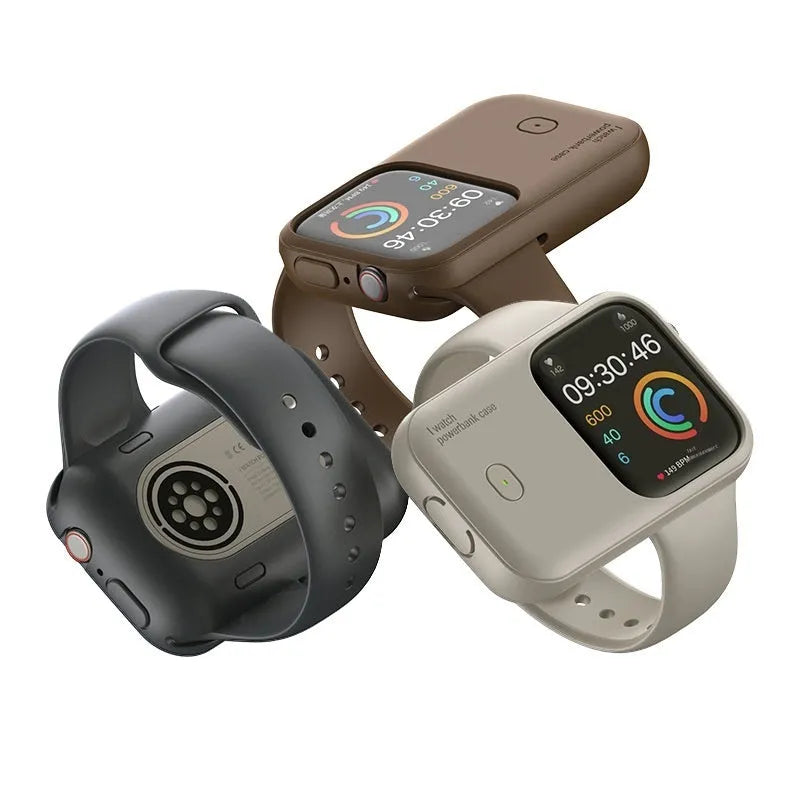 Apple Watch Ultra portable wireless power bank charging case in brown, midnight blue, or starlight.