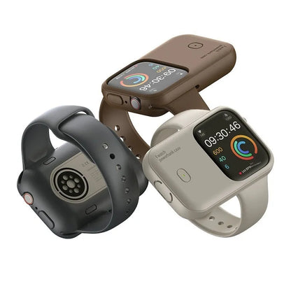 Apple Watch Ultra portable wireless power bank charging case in brown, midnight blue, or starlight.