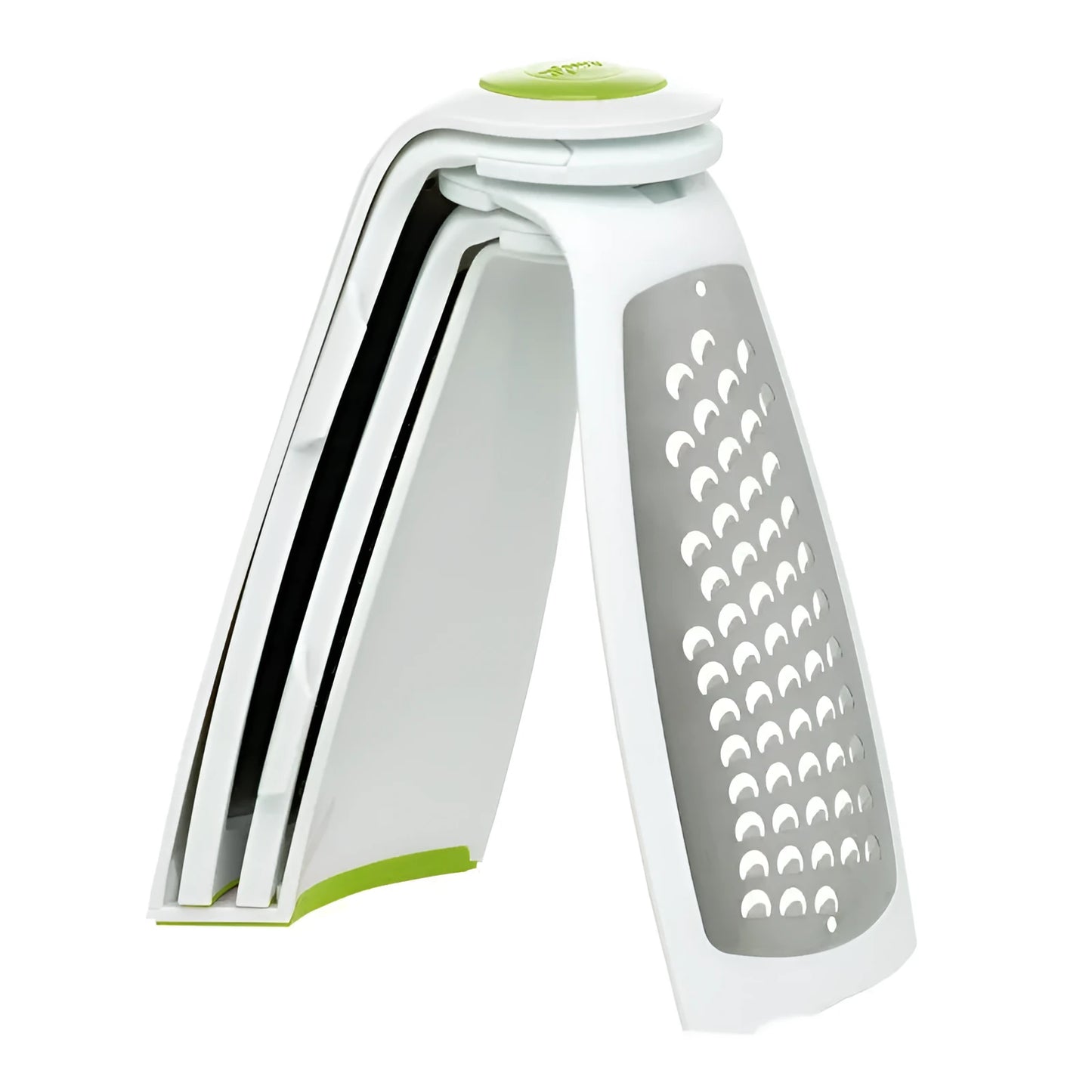 Red collapsible stainless steel kitchen grater shown open and folded flat for storage