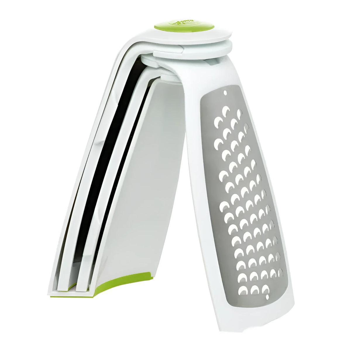 Red collapsible stainless steel kitchen grater shown open and folded flat for storage