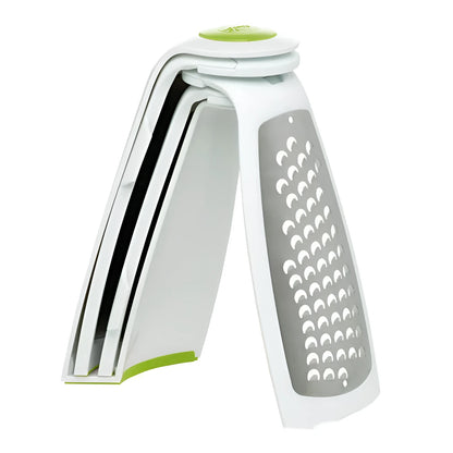 Red collapsible stainless steel kitchen grater shown open and folded flat for storage