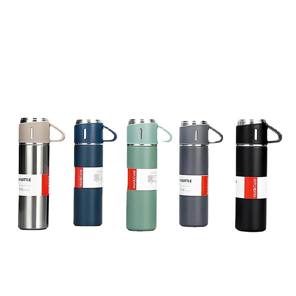 Pink stainless steel vacuum water cup with straight design showing 500ml capacity and gift box packaging
