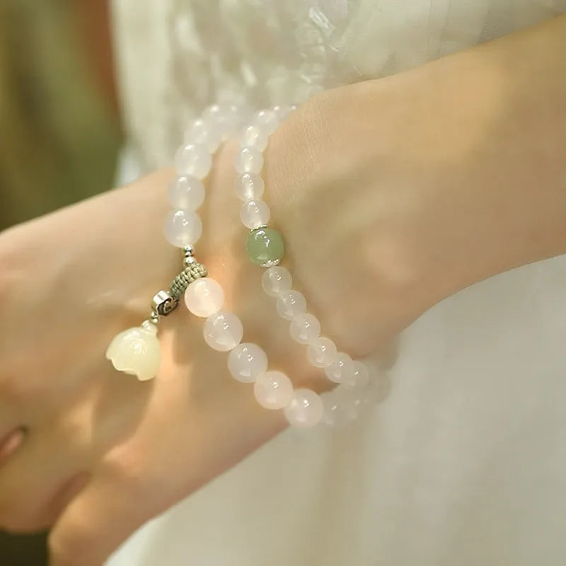 Women's S925 sterling silver bracelet with White Agate and Hetian Jade beads in a geometric national style design.