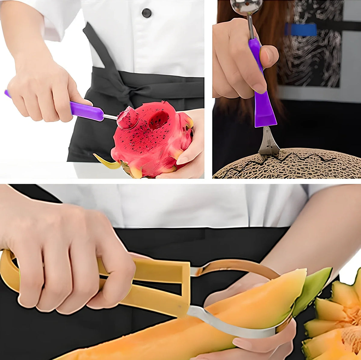 Stackable fruit tool set showing melon baller, V-shaped carver, and dual scoops in 24cm compact design