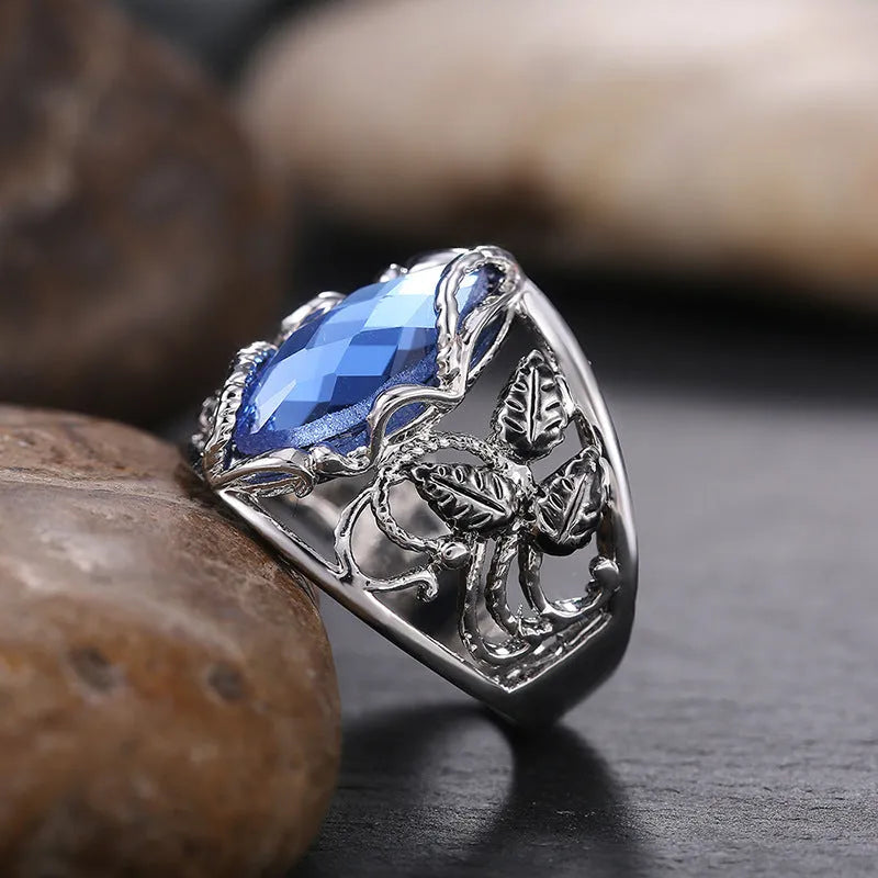 Women's blue horse eye-shaped crystal ring made from alloy metal with geometric design in sizes 6 to 10 available in five ring sizes for daily wear or special occasion jewellery