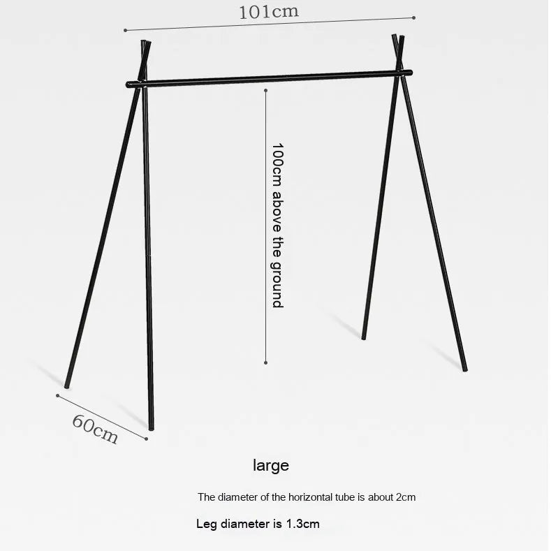 Aluminium alloy folding clothes drying rack with triangle frame and side hanger hooks for camping.