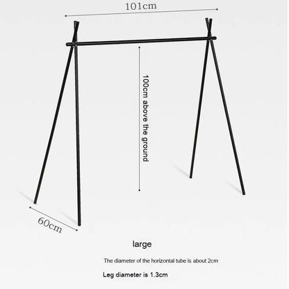 Aluminium alloy folding clothes drying rack with triangle frame and side hanger hooks for camping.