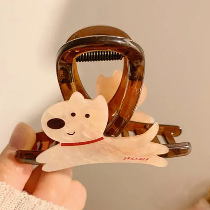 Korean style cartoon puppy hair barrette clip with grip design in beige or brown